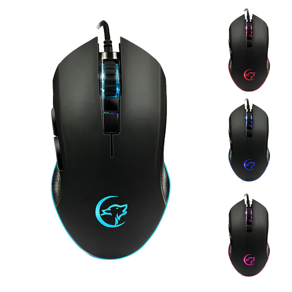 Black wired gaming mouse, ergonomic ABS shell, six buttons, scroll wheel, RGB breathing light, 1.5 m USB cable