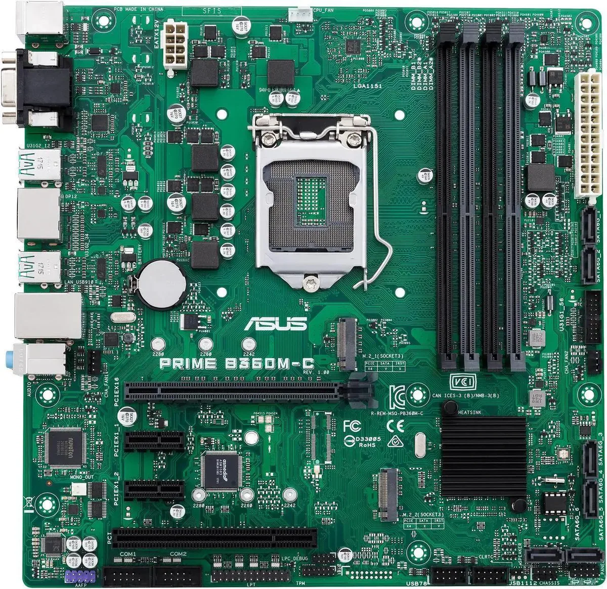 ASUS PRIME B360M-C Micro ATX motherboard green PCB silver ports