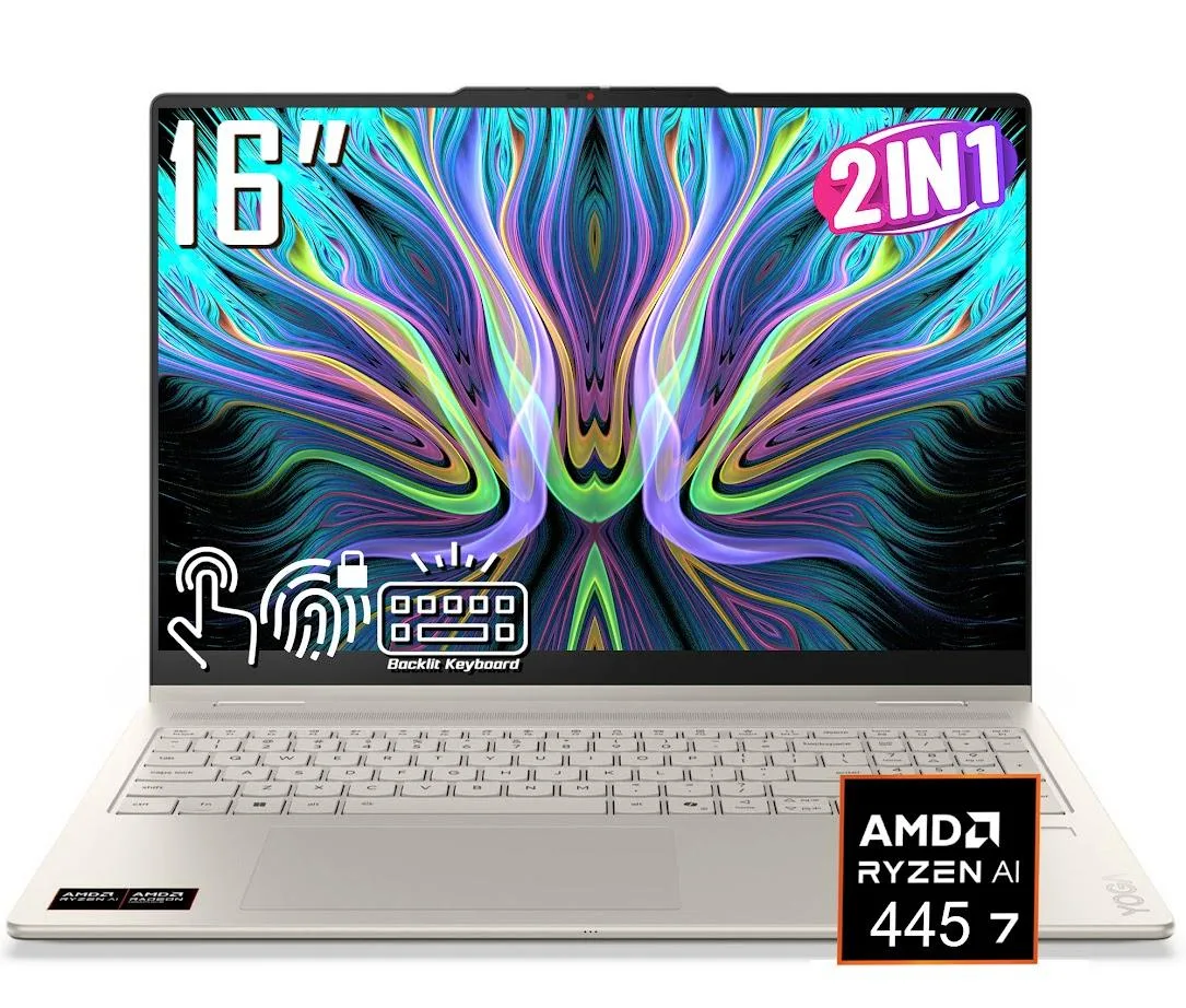 Lenovo Lenovo Yoga 7 2-in-1 AI Laptop 16" FHD+ Touch AMD Ryzen AI 7 445 16GB LPDDR5X 1TB SSD Seashell — תמונת המוצר