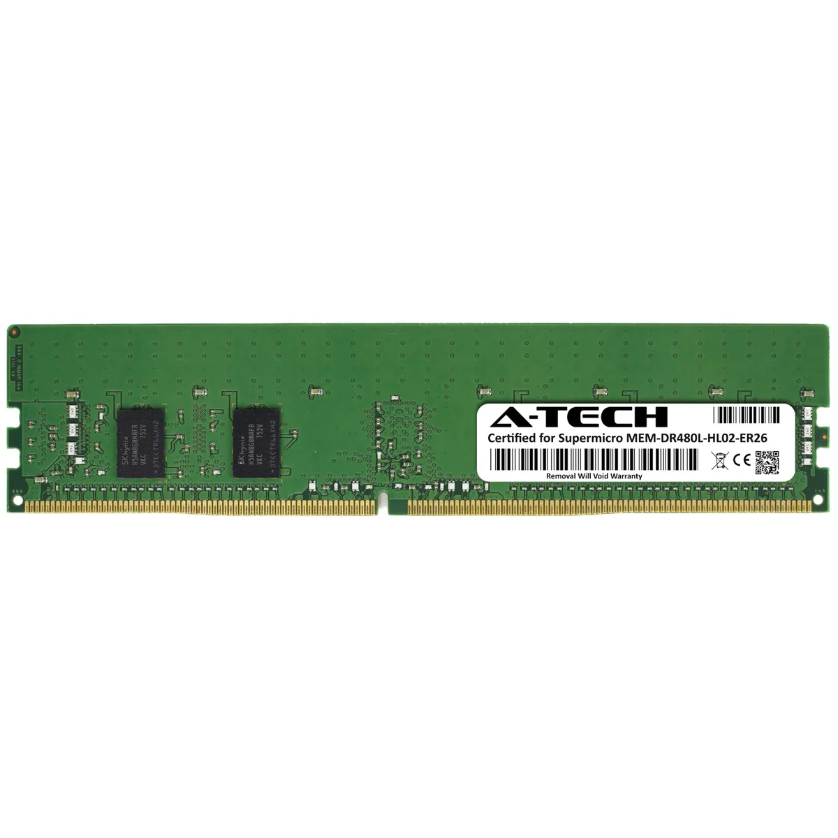 Green circuit board with black memory chips and gold edge connector