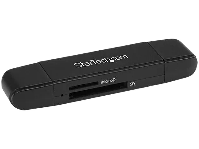 Black compact card reader with USB-C and USB-A connectors, two card slots and protective end caps