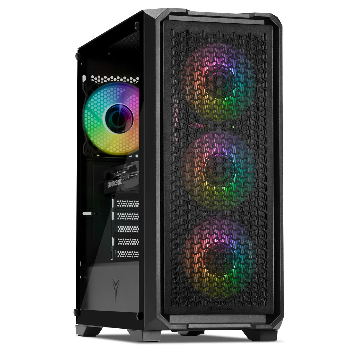 Black mid-tower gaming desktop with ARGB fans and side panel window