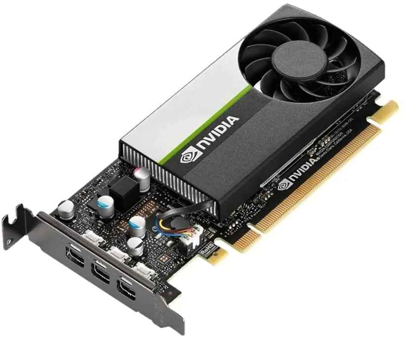 Single-slot low-profile graphics card with silver bracket and black PCB