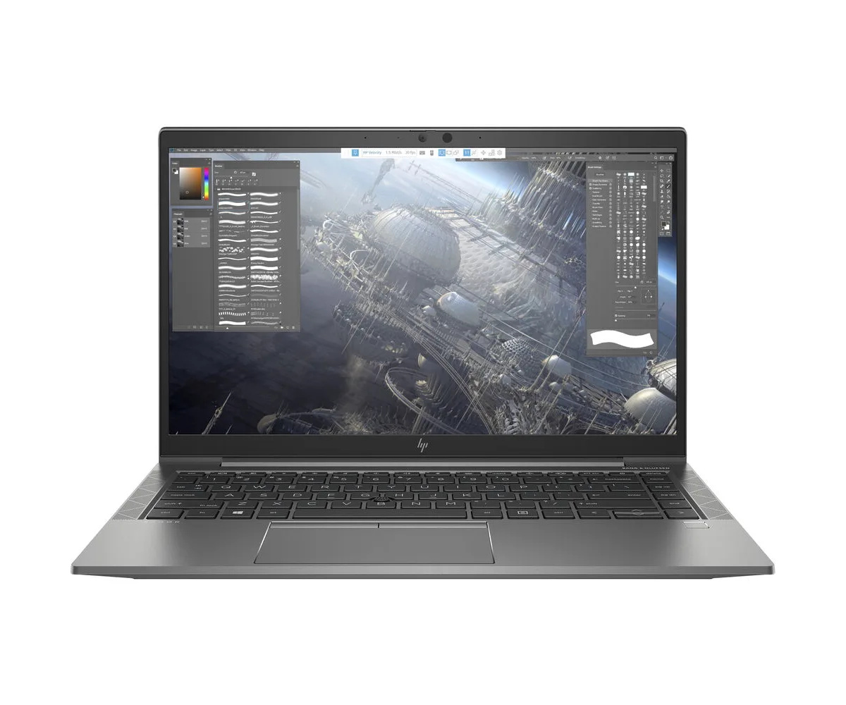 Gray HP ZBook Firefly 14 G7 laptop, thin light clamshell, matte finish, non-touch 14 inch FHD screen, webcam above display