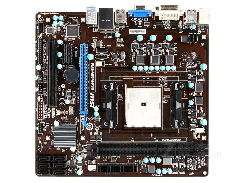 Micro-ATX board, black PCB, silver heatsinks, FM2 socket, four DDR3 slots, single PCIe x16 slot