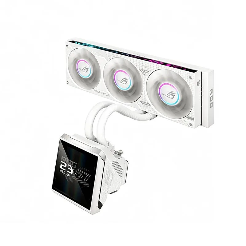 White all-in-one liquid cooler with 360 mm radiator, three 120 mm fans and 5.08 inch IPS LCD on the pump block