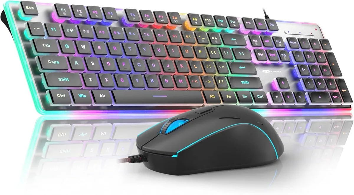 Black full-size keyboard with pudding keycaps and RGB lighting, matching wired mouse beside it