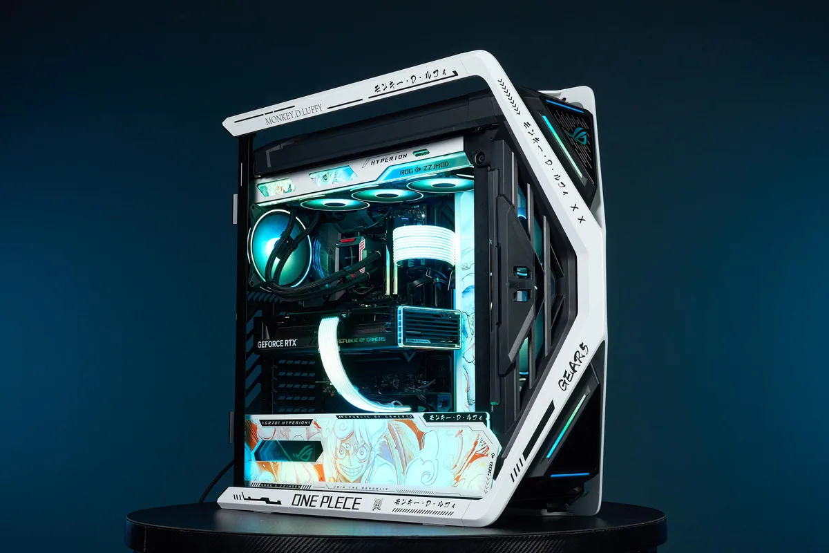 White full-tower case with dual tempered-glass panels and UV-printed artwork