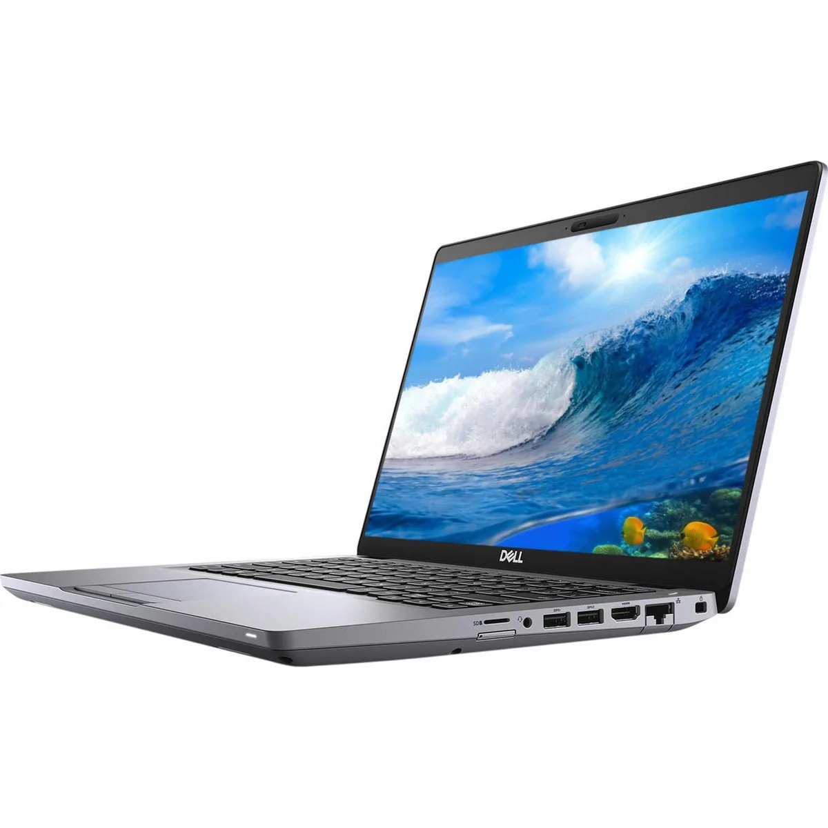 Silver Dell Latitude 5411 laptop, 14 inch screen, backlit keyboard, webcam, multiple ports