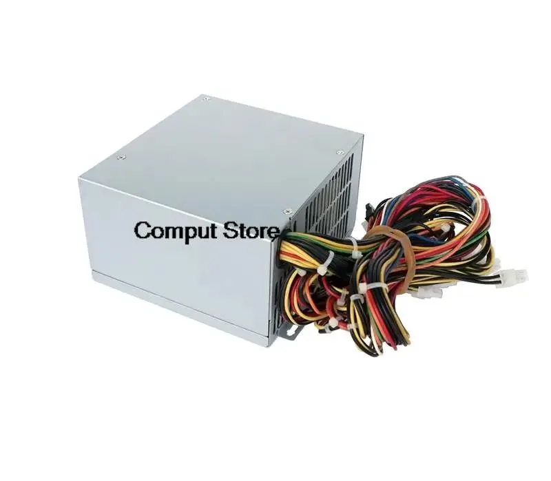 Rectangular silver ATX power supply unit with fan grille and cable bundle