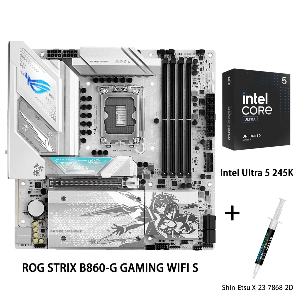 ASUS ROG STRIX B860-G mATX motherboard with Intel Ultra 5 245K CPU and thermal paste tube