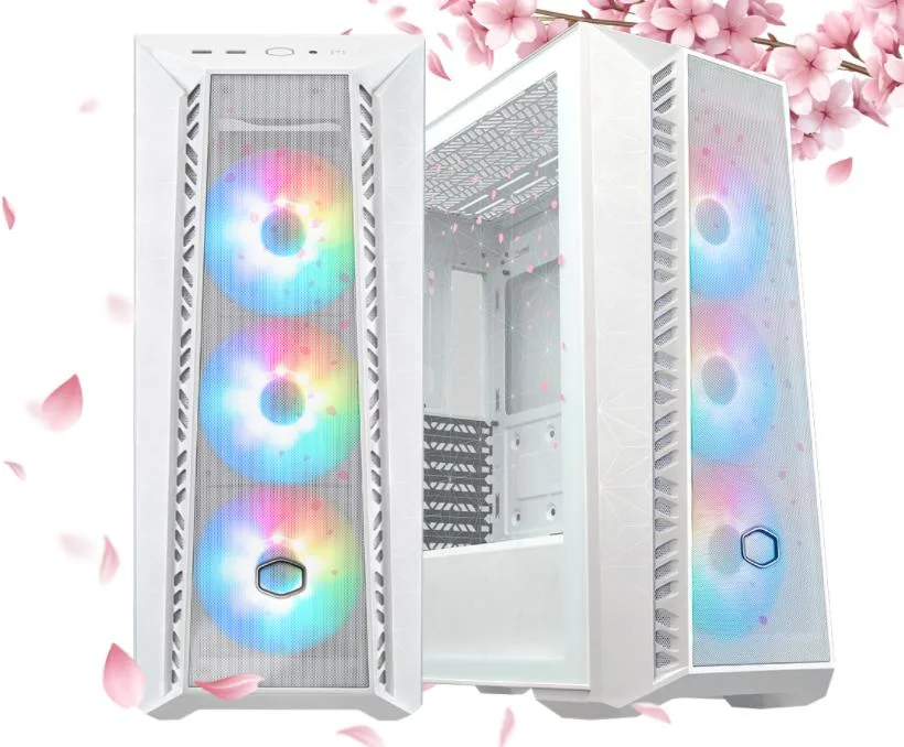 White mid tower PC case with mesh front panel, tempered glass side window and Sakura limited edition branding
