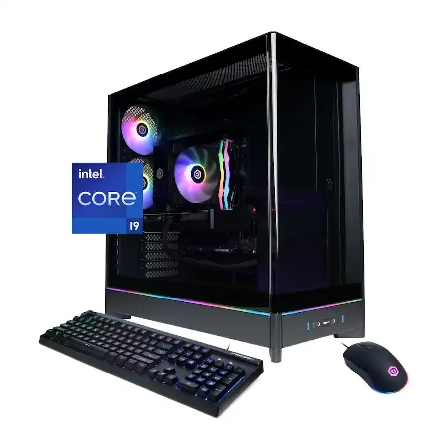 Black mid-tower gaming desktop with RGB memory visible inside