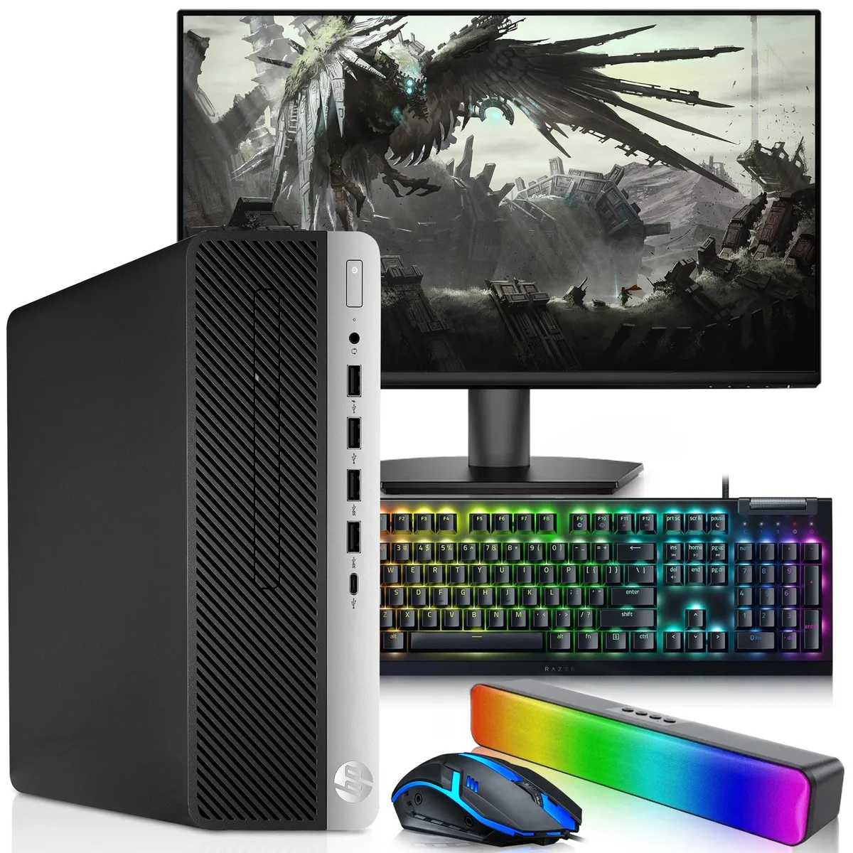 HP small-form-factor desktop tower with 24 inch monitor, keyboard, mouse and soundbar