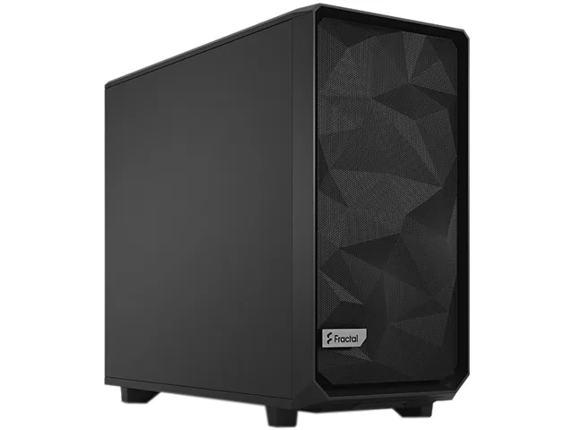 Black steel mid-tower with angular mesh front, hinged panel and three included 140 mm fans