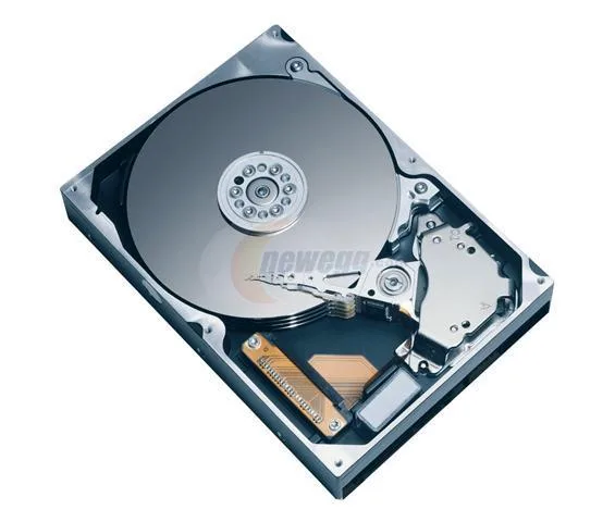 Silver 3.5 inch bare hard drive with IDE connector and circuit board visible