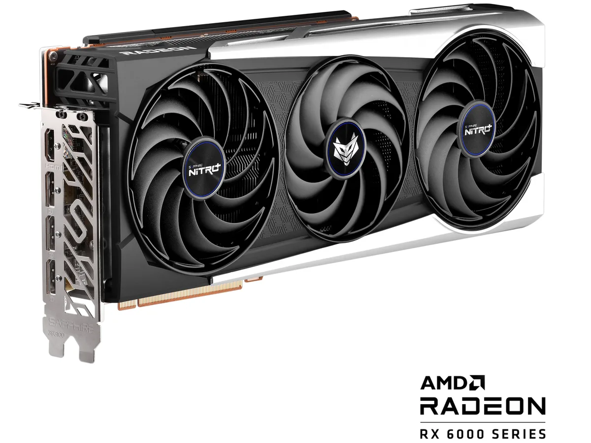 Sapphire Nitro+ Radeon RX 6900 XT triple-fan graphics card with silver shroud and backplate