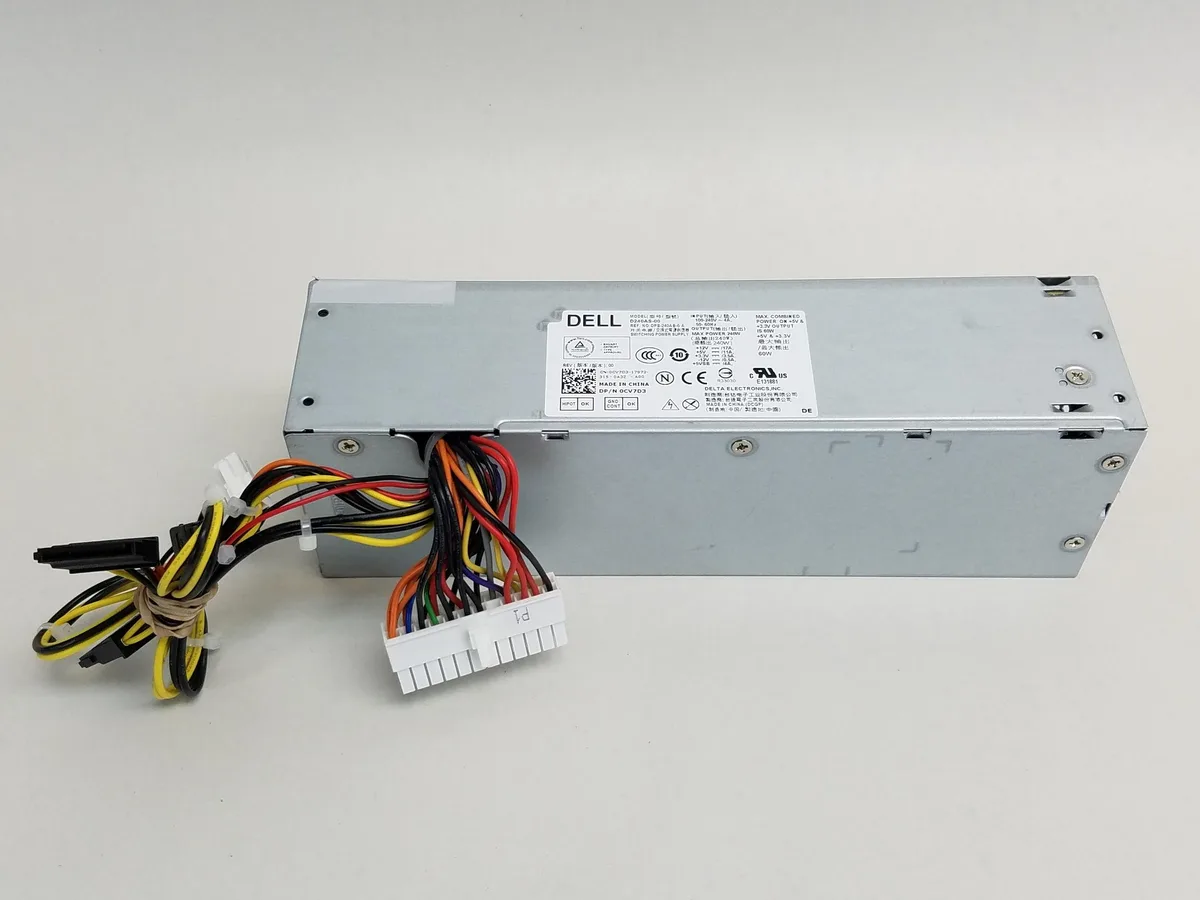 Rectangular silver metal SFF power supply unit with ventilation grille and single fan visible