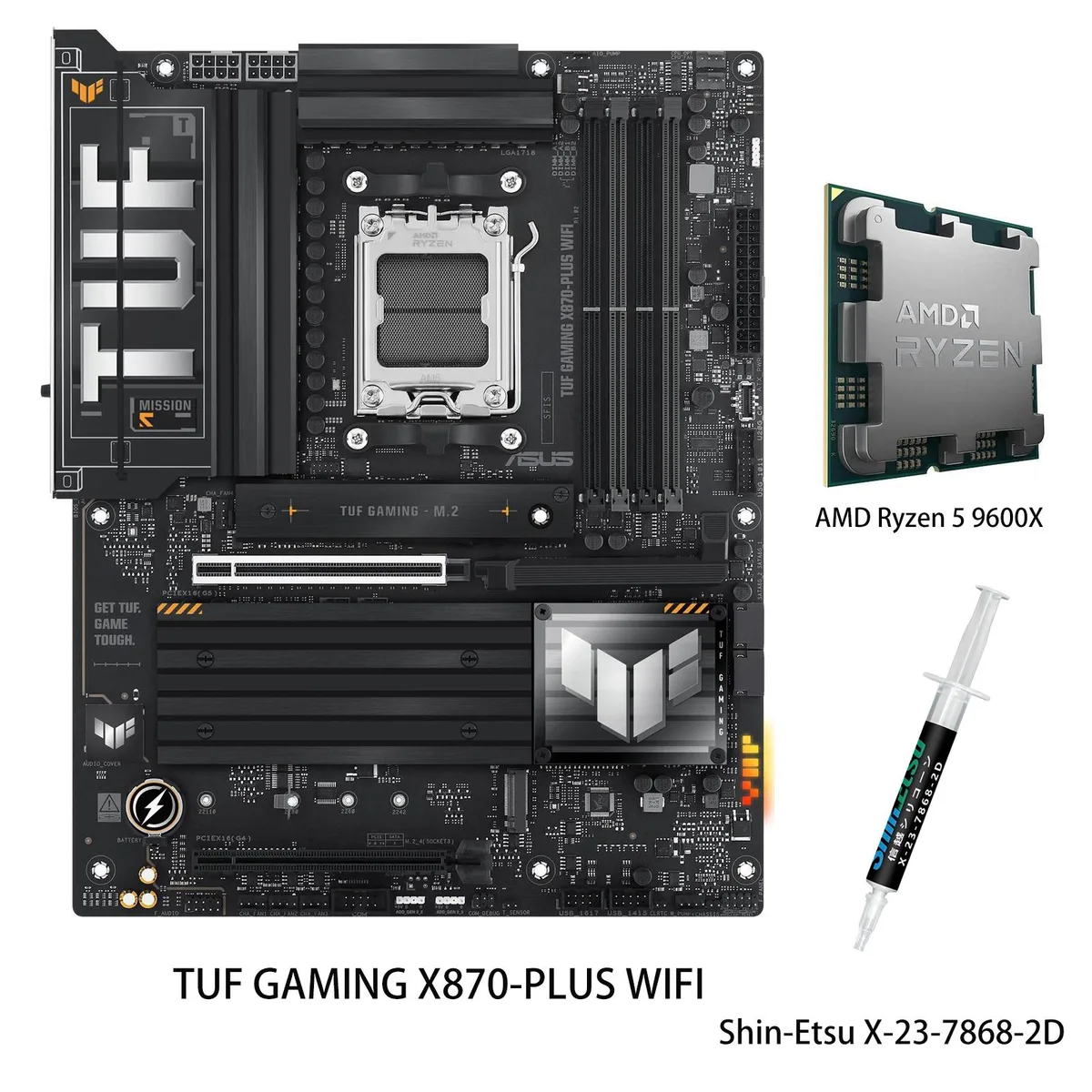 ATX motherboard in grey and yellow with large heatsinks and a Ryzen 5 9600X CPU seated in the AM5 socket