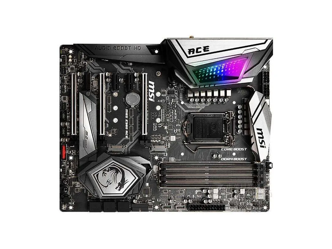 Black ATX motherboard with silver heatsinks and reinforced PCIe slots
