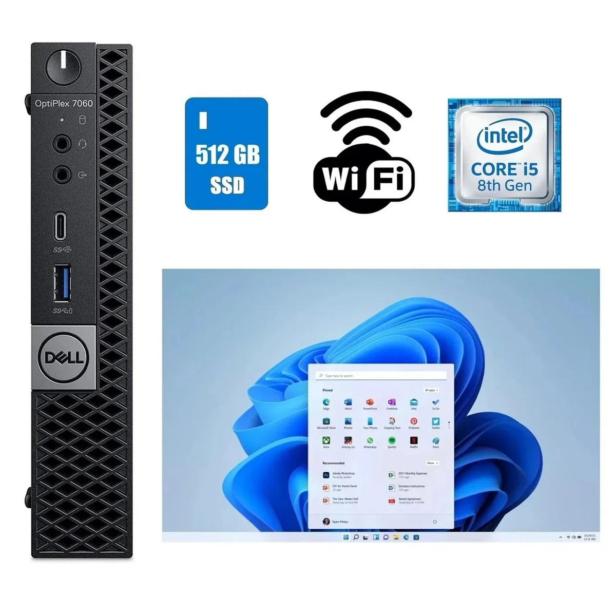 Small black micro-tower desktop PC with power adapter and USB Wi-Fi adapter