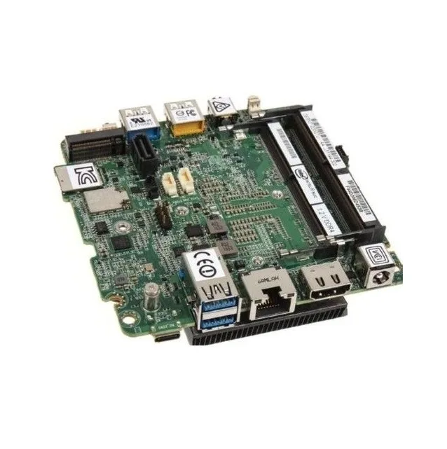 Small square green circuit board with silver processor cover, black ports and two RAM slots