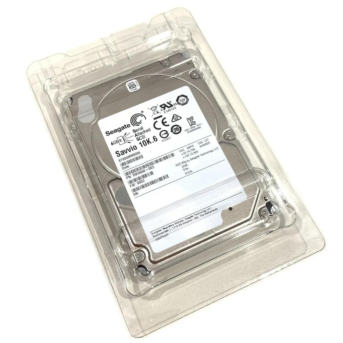 Silver 2.5 inch enterprise hard drive with SAS connector and label showing 900GB 10000 RPM