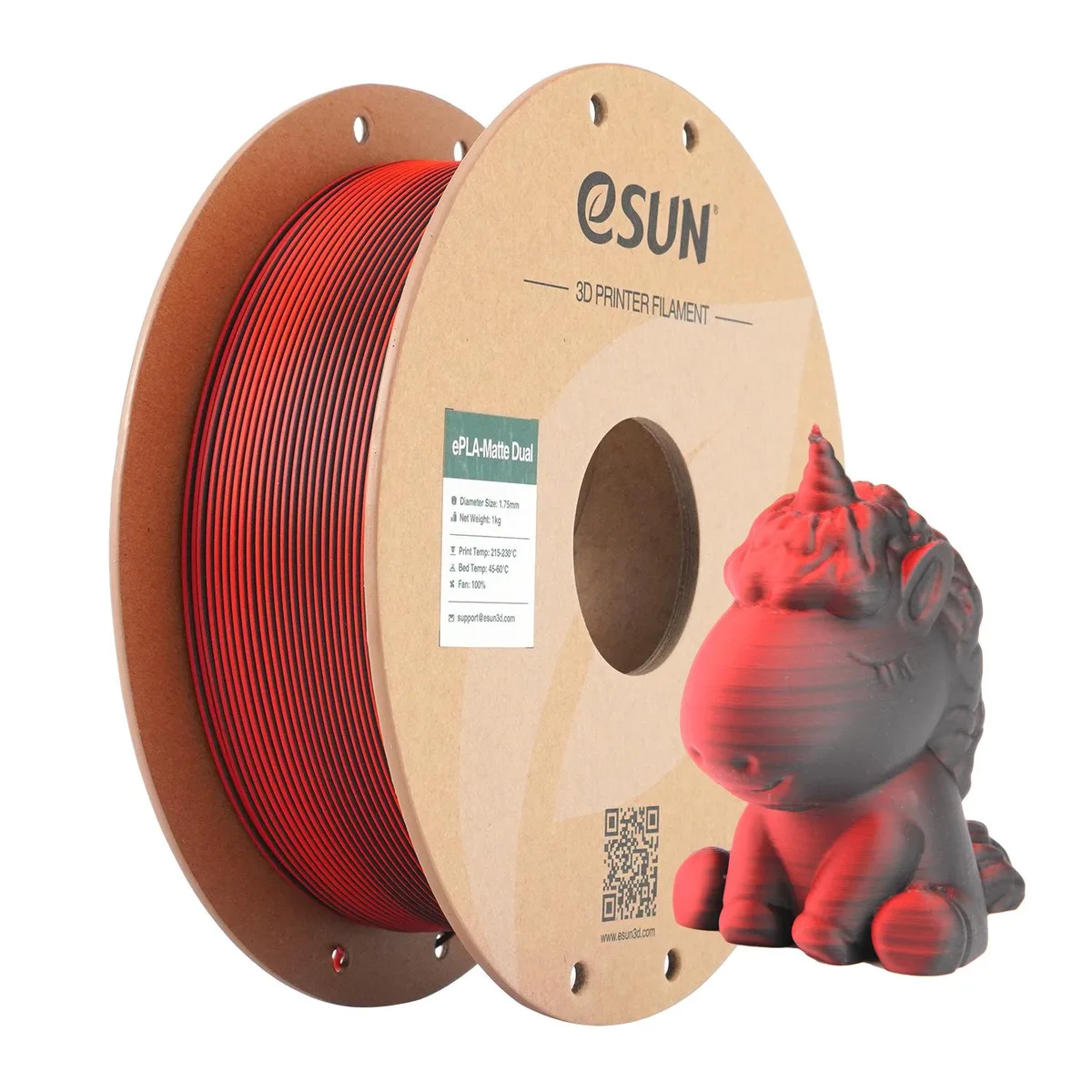 Spool of dual-colour matte PLA filament in red and black, 1.75mm diameter