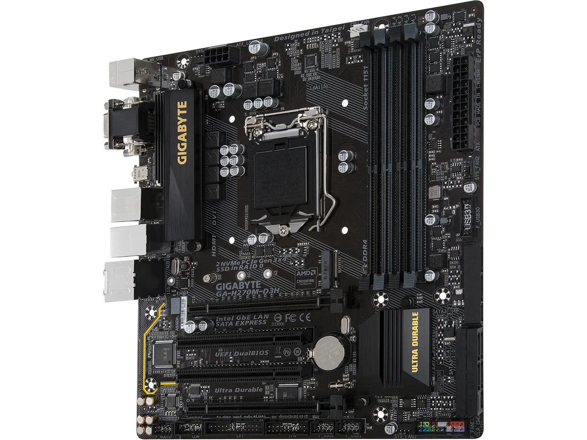 Micro ATX motherboard in dark finish with silver heatsinks, black slots and rear I/O panel