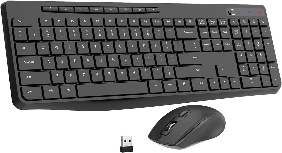 Full-size wireless keyboard and mouse combo with 104 blank PBT keycaps and 12 shortcut keys
