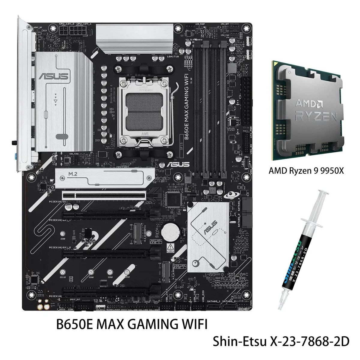 Black ATX motherboard with silver heatsinks, AM5 socket, DDR5 slots, three M.2 shields, rear I/O shield installed