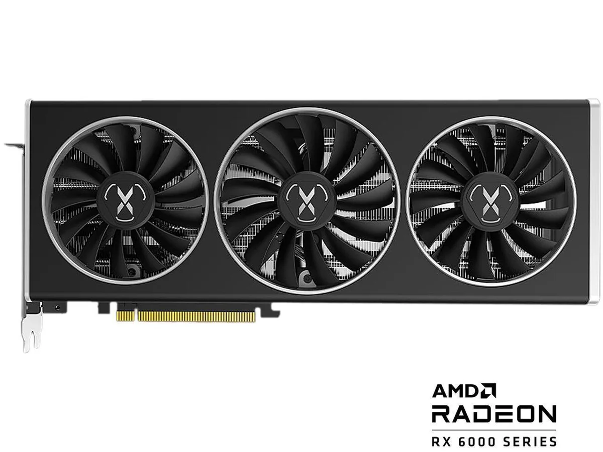 Black triple-fan graphics card with silver accents