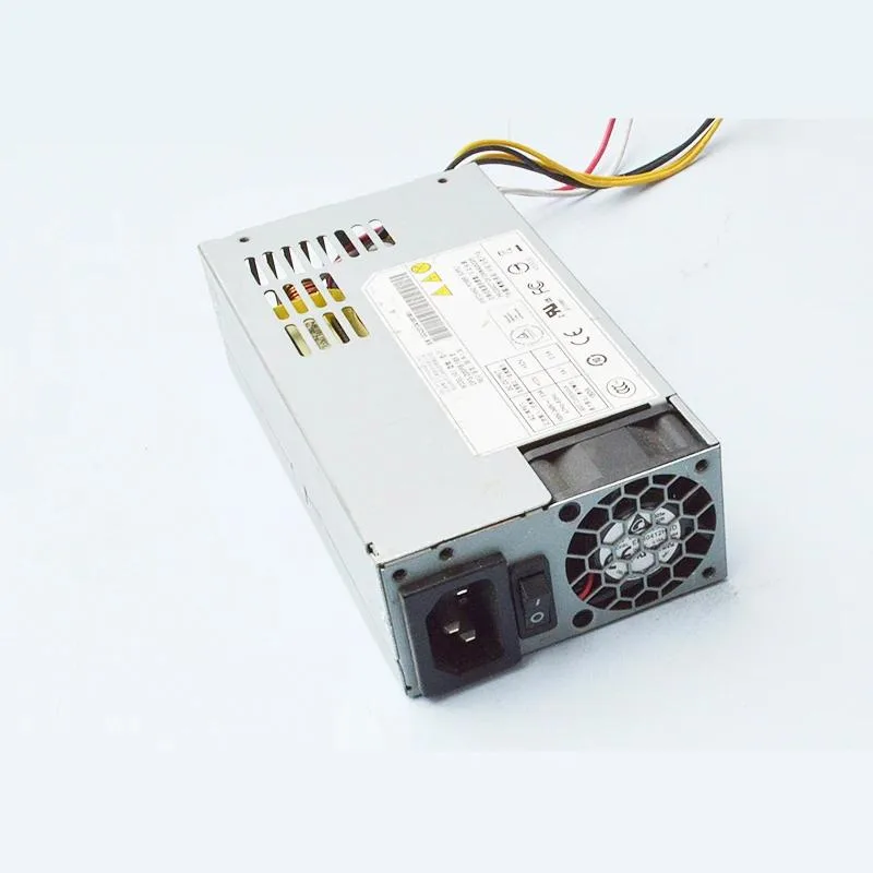 Silver rectangular ATX power supply unit with cooling fan and cable bundle
