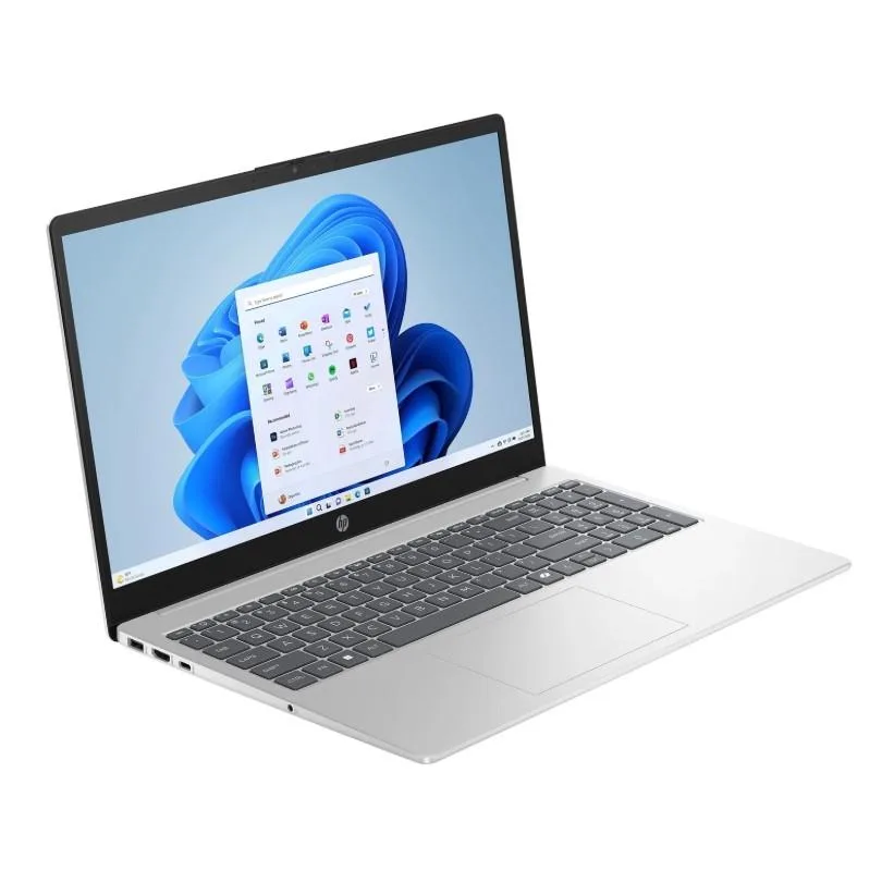 Silver HP 15.6 inch laptop closed on a plain background