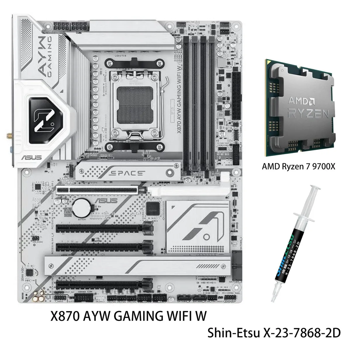 White ATX motherboard with large VRM heatsinks and boxed Ryzen 7 9700X CPU