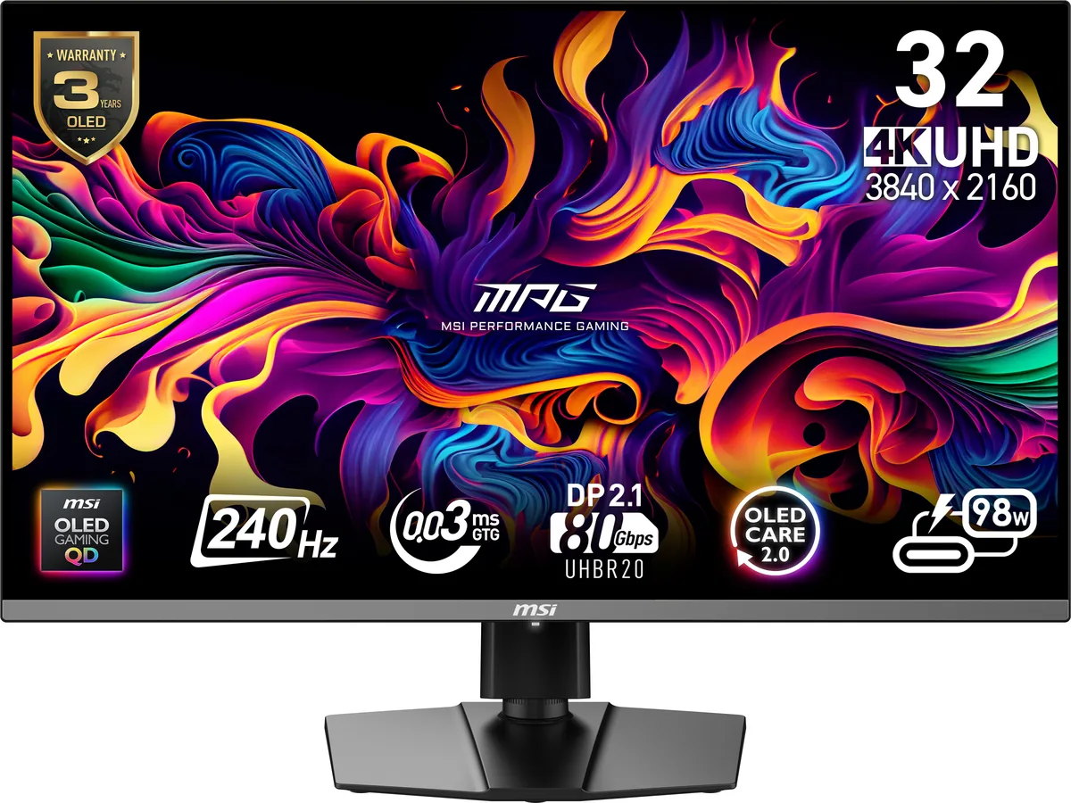 32 inch metallic black gaming monitor with ultrathin bezel and RGB lighting on adjustable stand