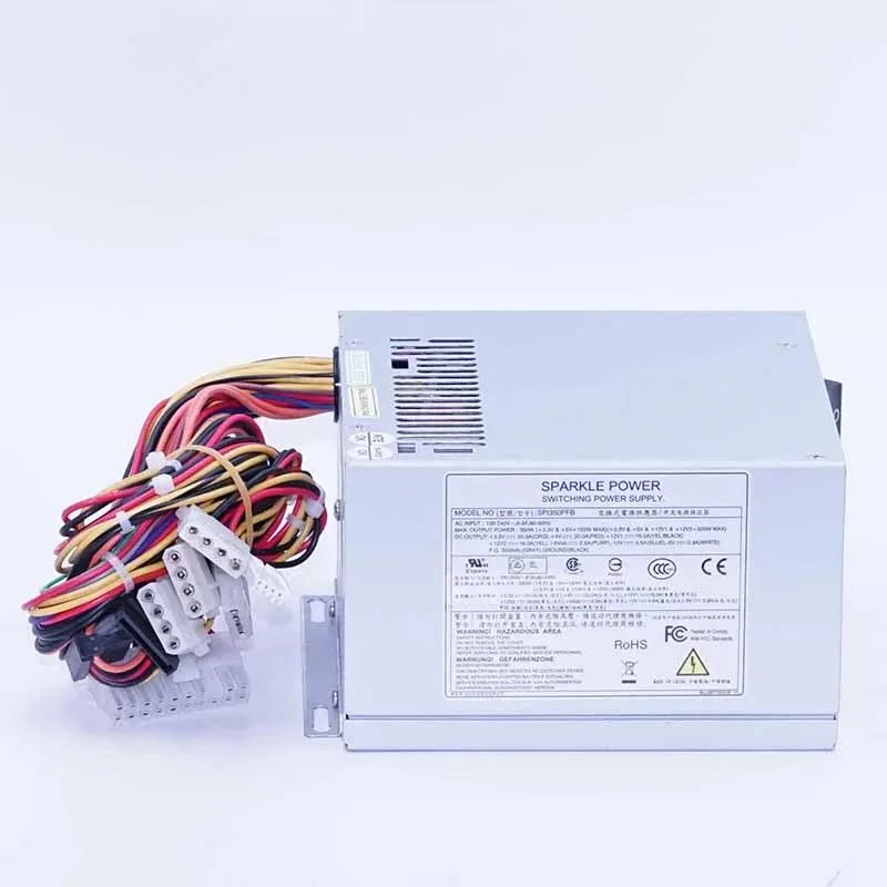 Standard ATX power supply unit in metal housing with cooling fan and cable bundle