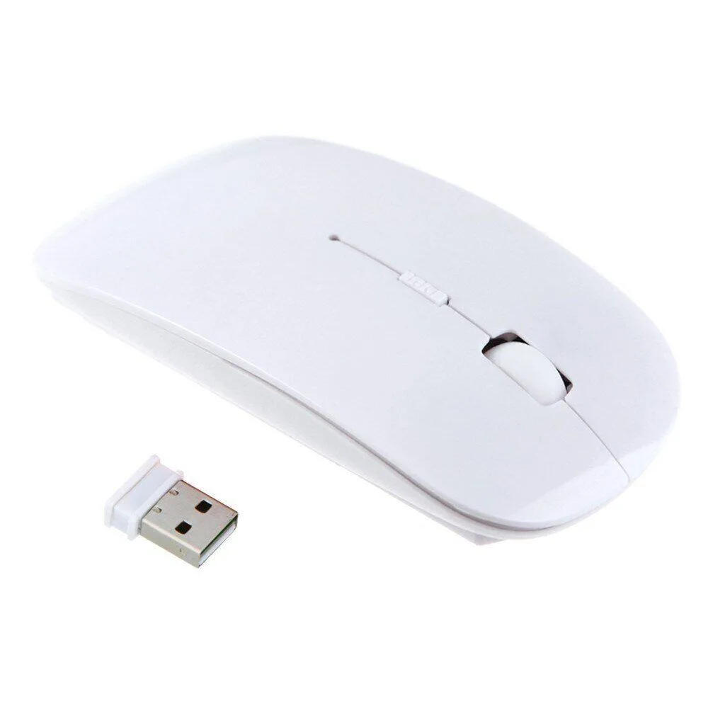 White wireless optical mouse, compact ABS body, USB nano receiver, three silent buttons