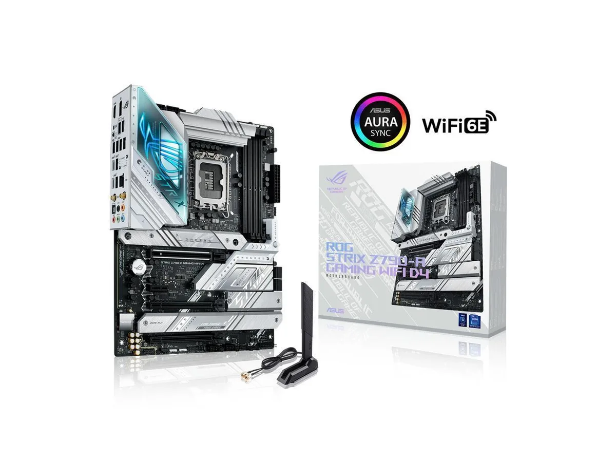 Black ATX motherboard with silver heatsinks and integrated rear I/O cover