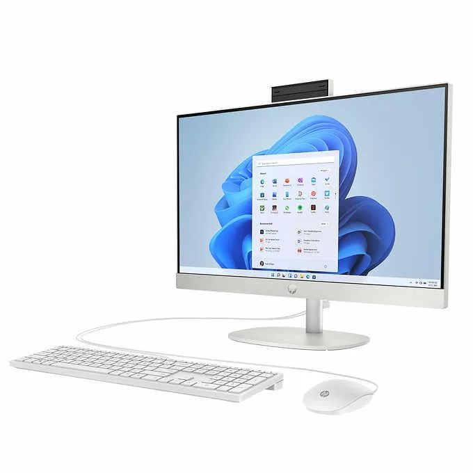 White all-in-one desktop with 23.8 inch touchscreen display, thin bezels, integrated camera, white wired keyboard and mouse