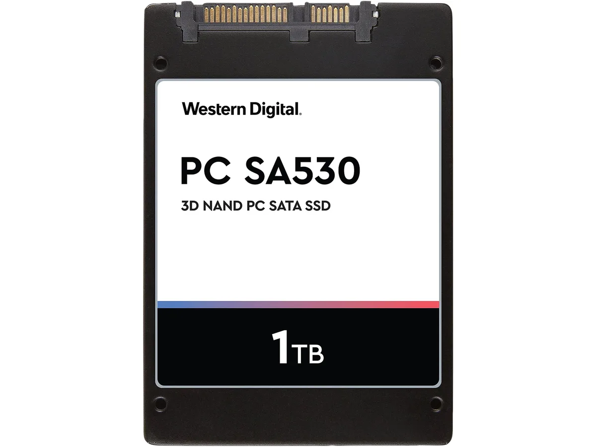 Silver rectangular 2.5 inch SATA SSD with label showing Western Digital PC SA530 1TB