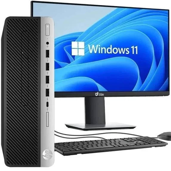 Compact small-form-factor tower in black with 24-inch monitor