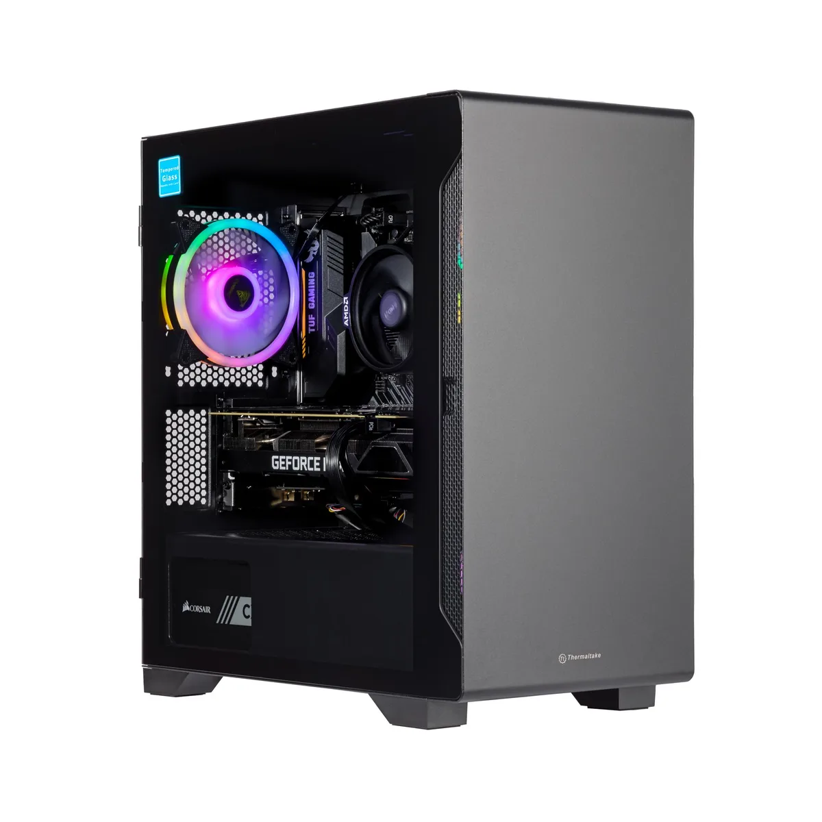 Black desktop tower with air cooling and front USB ports