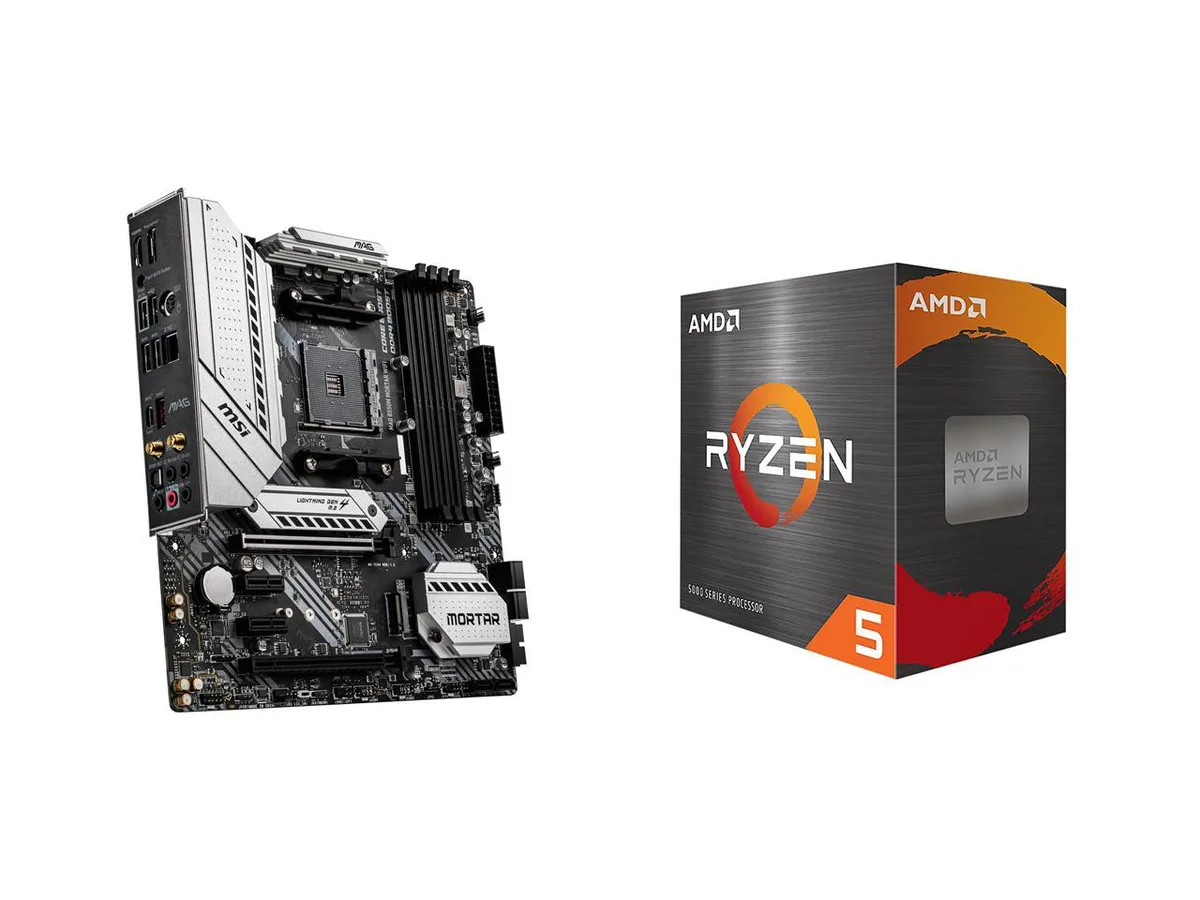 Micro-ATX motherboard in black with silver heatsinks, bundled Ryzen 5 5500 CPU in box