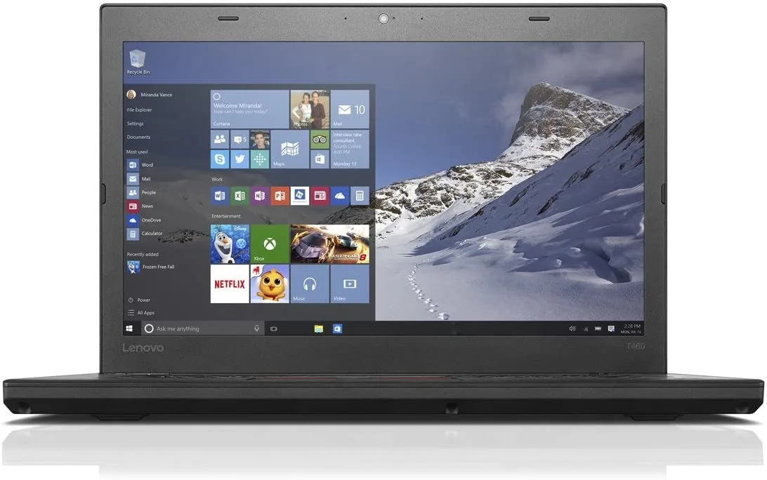 Black Lenovo ThinkPad T460 14 inch laptop closed showing matte lid and red TrackPoint nub
