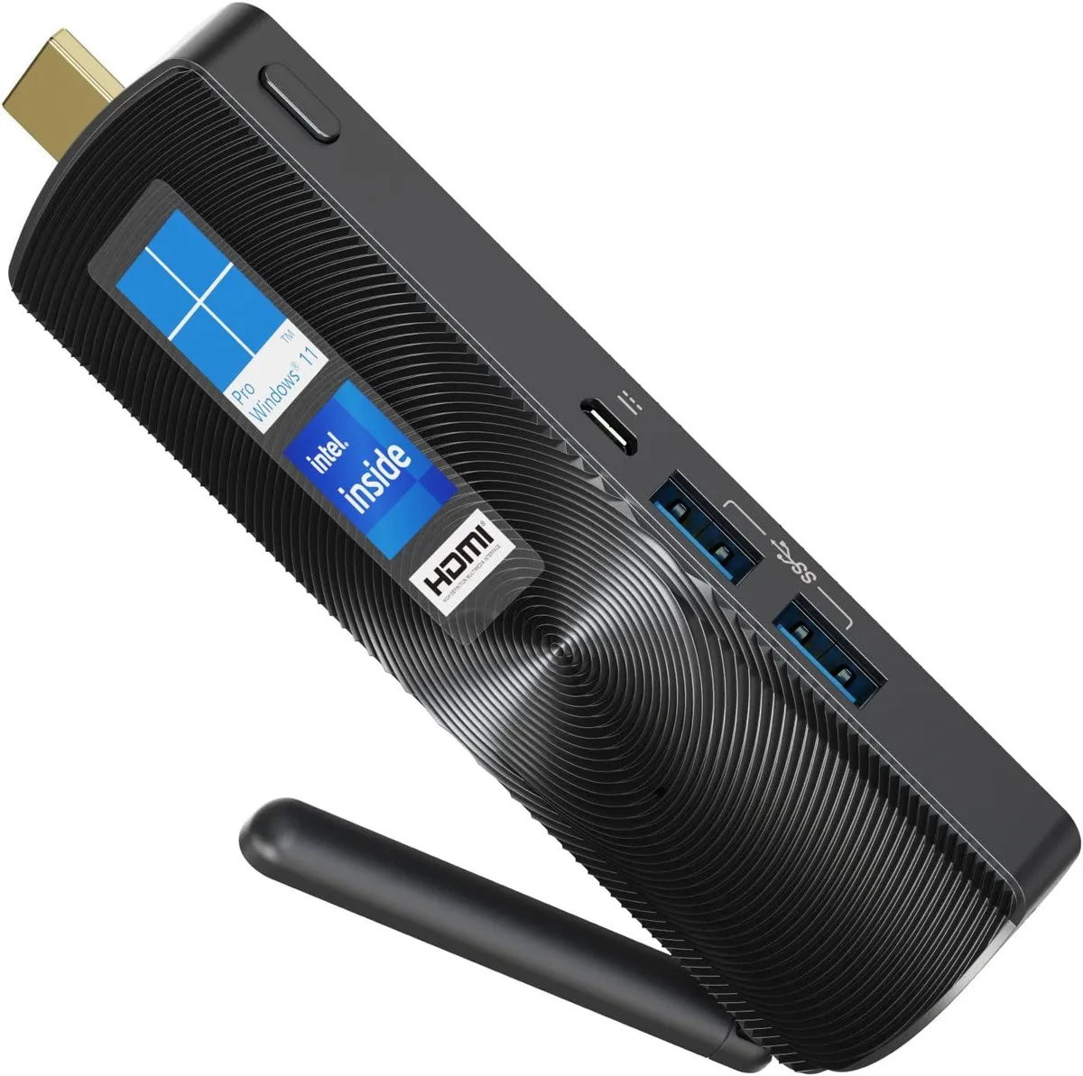 Small rectangular stick PC with matte black finish and HDMI connector