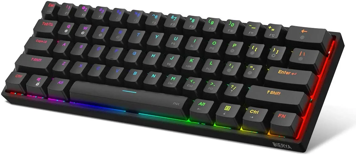 Compact 60 percent black mechanical keyboard with 61 keys and RGB backlighting
