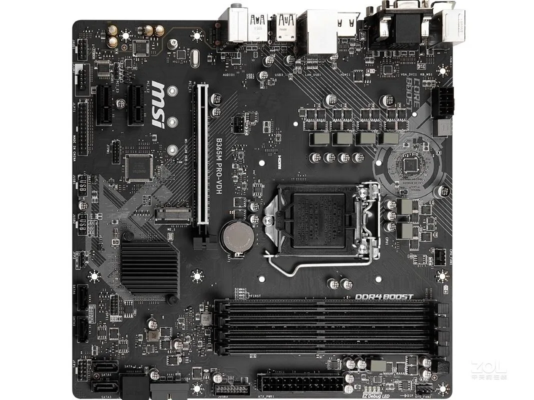 Green Micro ATX board with silver CPU socket, black memory slots and blue PCIe slots, rear I/O shield visible