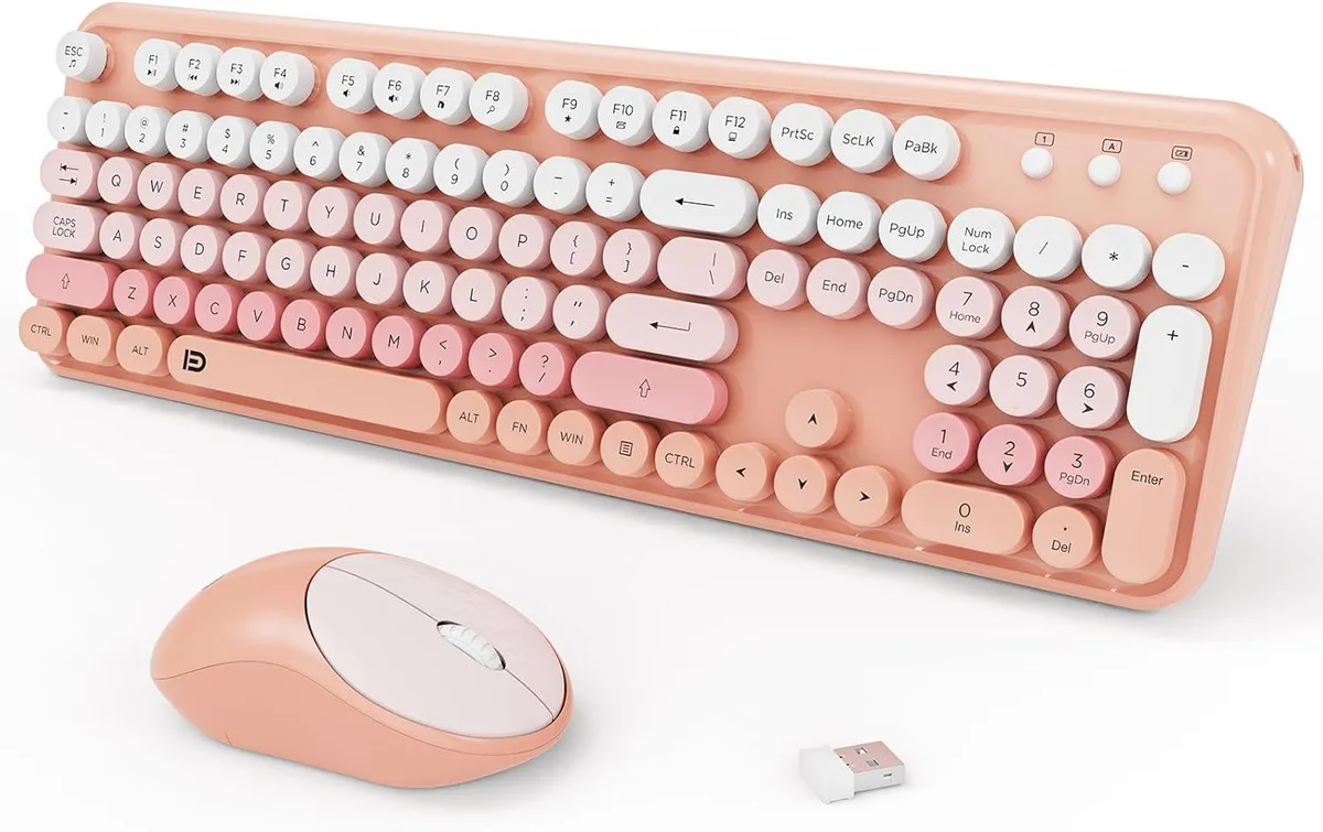 Full-size wireless keyboard and mouse set with round retro keycaps, 2.4 GHz receiver