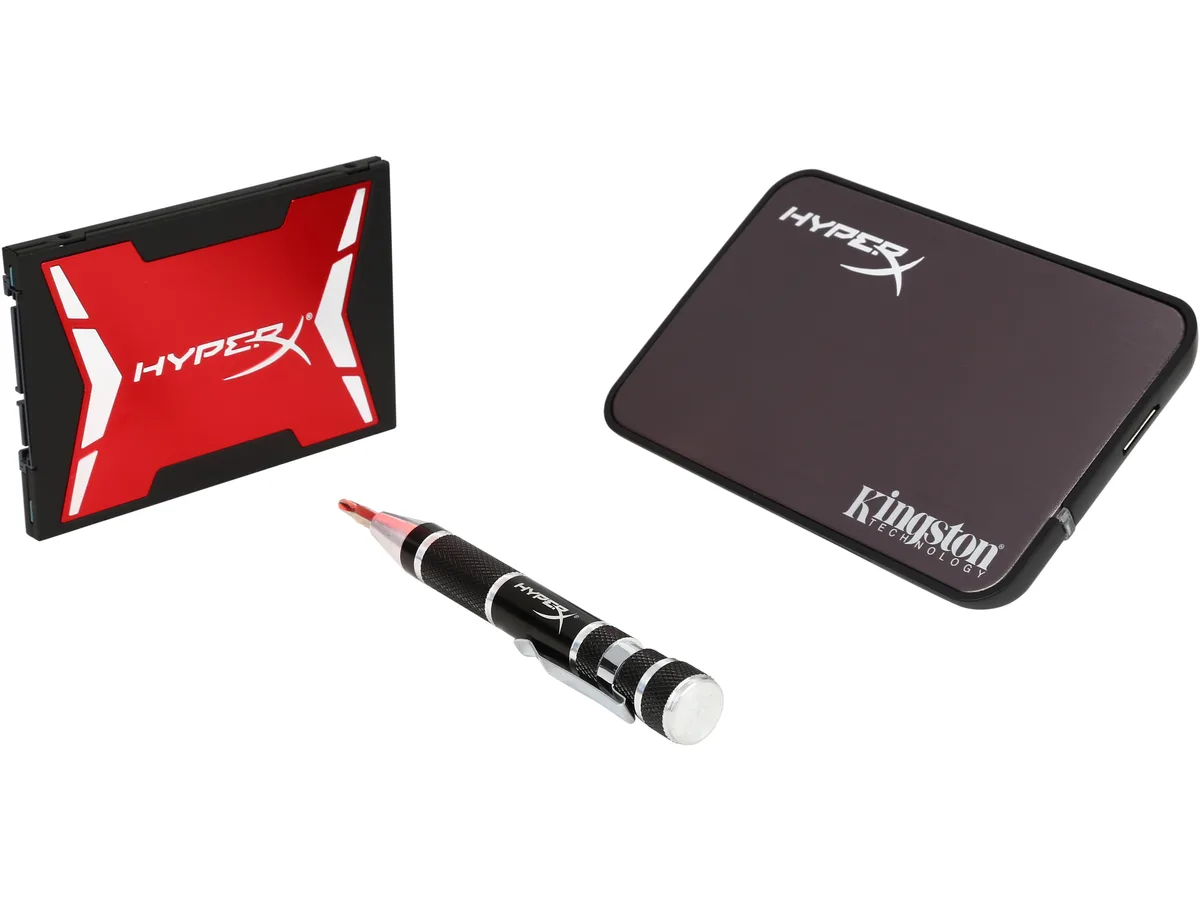 Red HyperX Savage 2.5 inch SATA SSD with upgrade kit